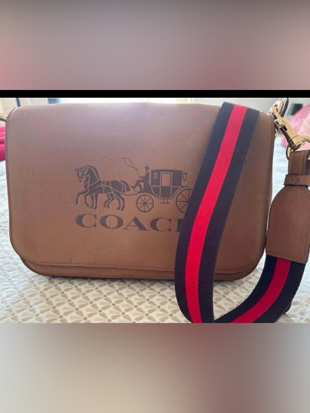 Coach Tan Leather Shoulder Bag with Red & Black Webbing Strap